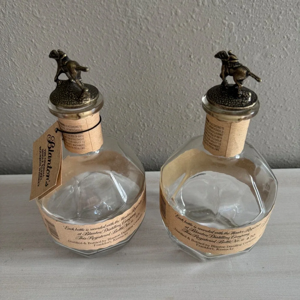 Blantons Bourbon Whiskey Empty Glass Bottles Set of‎ 2 Collectible Horse Topper